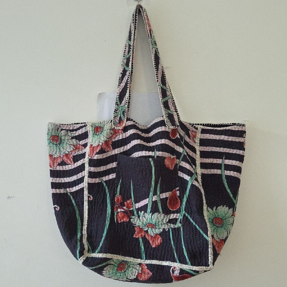 Mieko Mintz Cotton Kantha Floral Black and Green Tote Bag